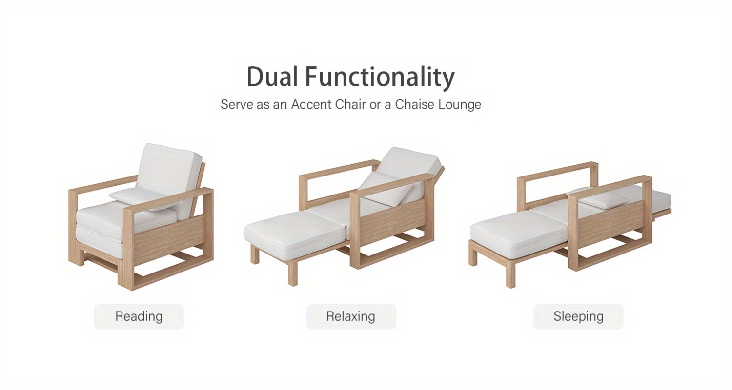 Patio Outdoor Chaise Lounge, Acacia Wood Chaise Lounge Chair with Lumbar Pillow, Adjustable Reclining Poolside Lounge Chair with Thick Padded Cushion, White