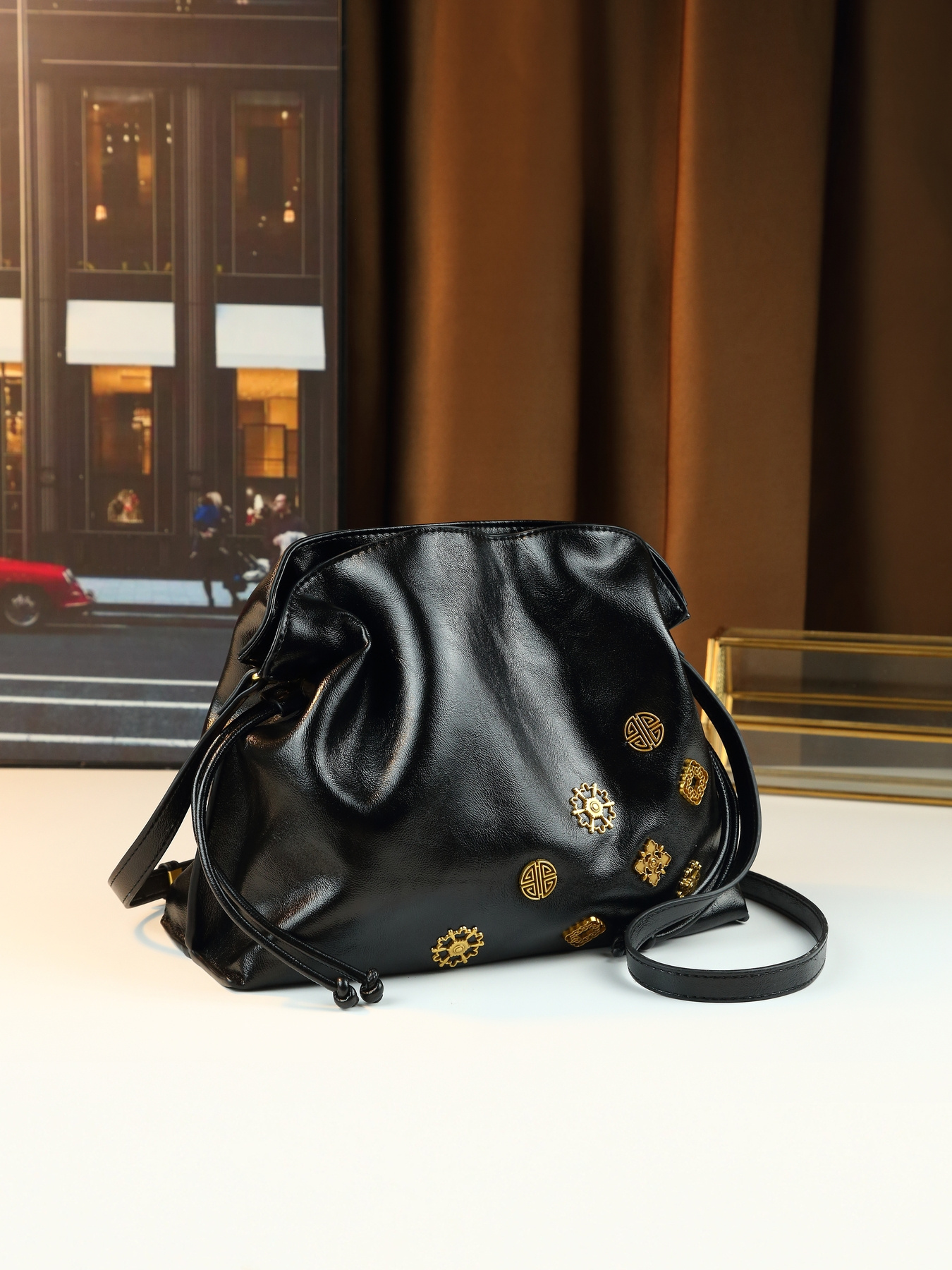 Black Drawstring Handbag on white background