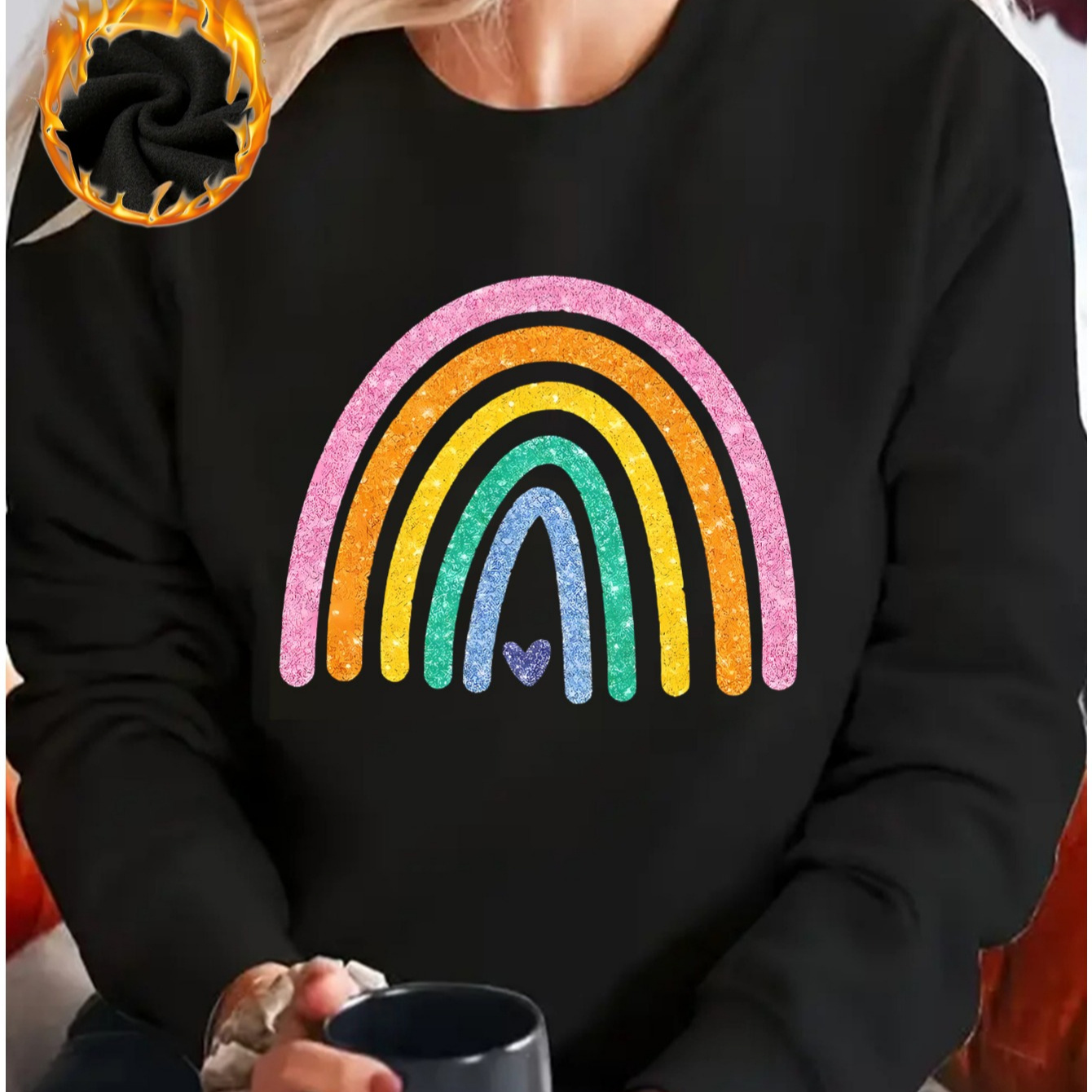 

1pc Women's Crew Neck Long Sleeve Pullover Sweatshirt With Glitter Rainbow And Heart Print, 100% Polyester, Stretch, Knit Fabric, Sports Style, Comfort