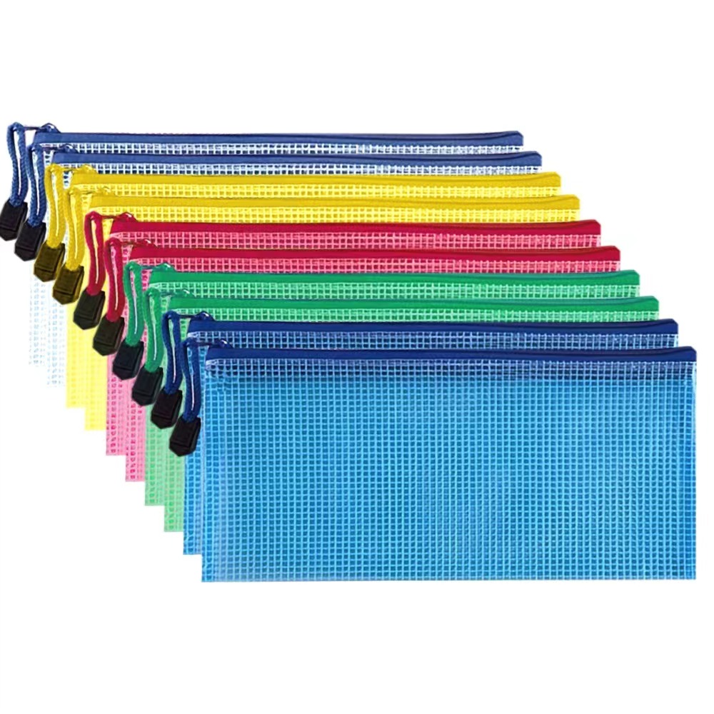 Image of 10 & 20 Mesh Pencil Pouches, Durable Zippered File Bags, 5-color Assorted, Transparent Pvc Reusable, School Stationery Pencil Cases, Bill Organizers, Travel Makeup Bags
