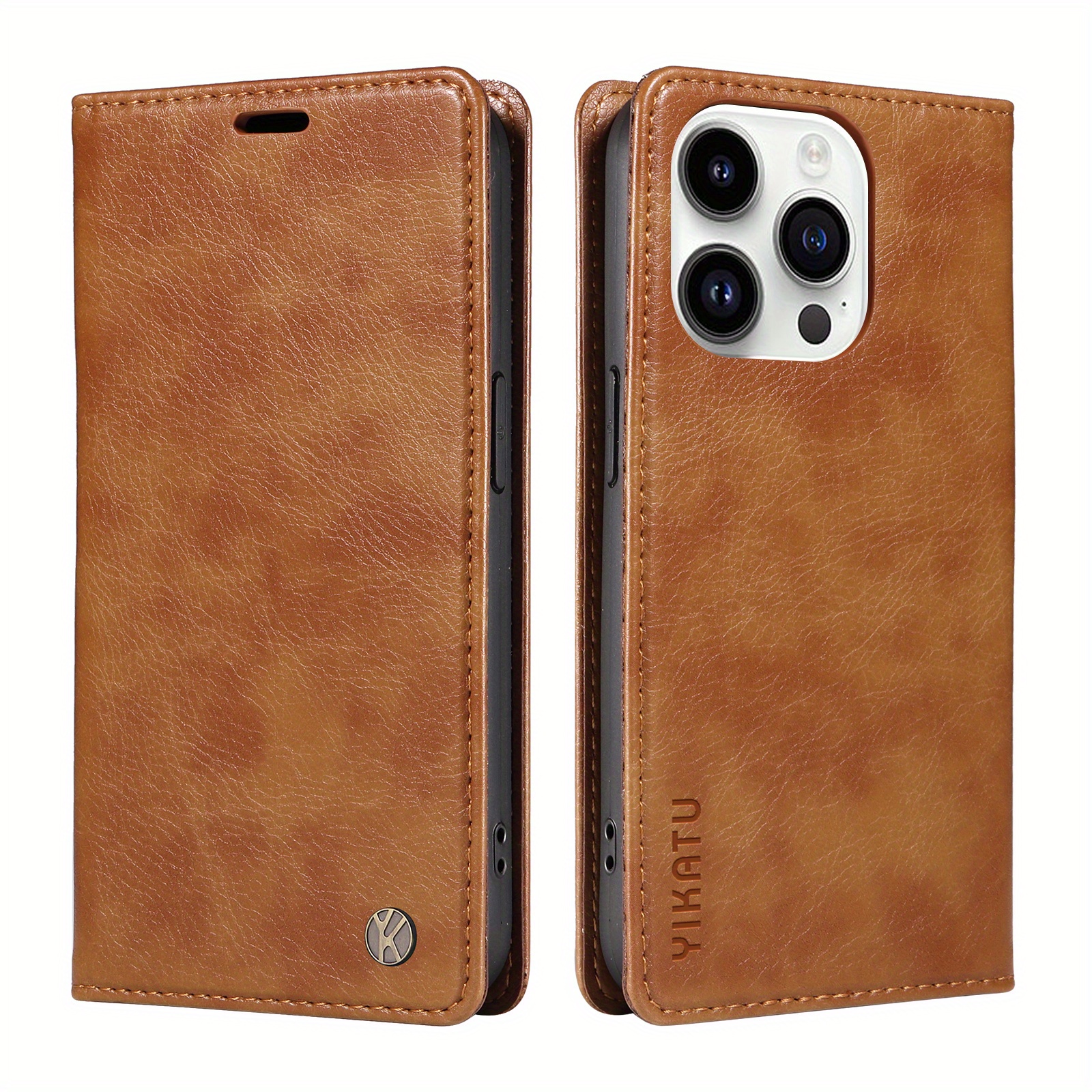 TEMU Phone Case - Phone Case - Brown Lychee Pattern Ultra-thin Strong Magnetic Artificial Leather Matte Card Holder With Card Slot And Storage Bag,