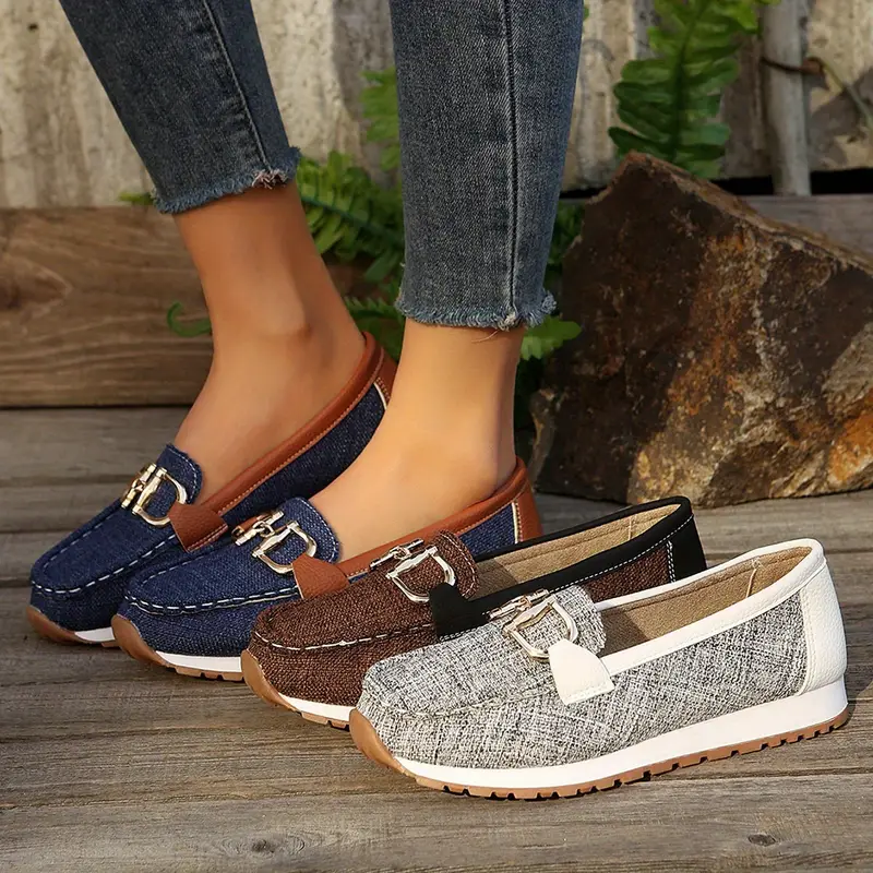 womens slip on loafers casual retro flat shoes with metallic cover upper breathable fabric lining rubber sole for navy white versatile footwear classic loafer design durable traction footwear details 0