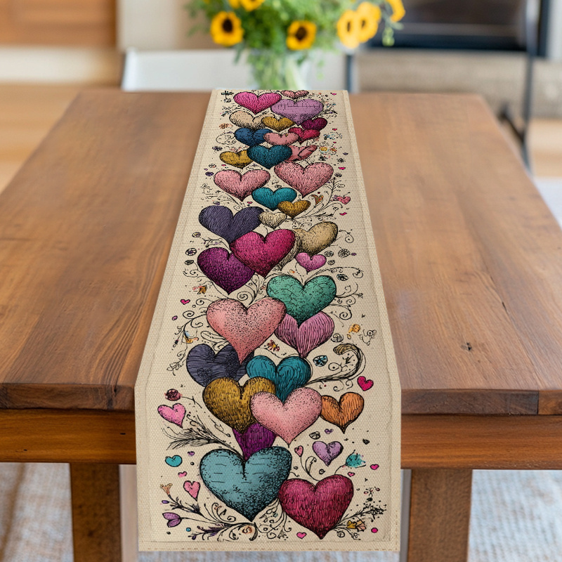 TEMU Tischläufer, Tischdecke, Herz-Muster Design mit floralen Akzenten, mehrfarbig, für Valentinstag, Geburtstag, Hochzeit, Jubiläum, Party mehr,
