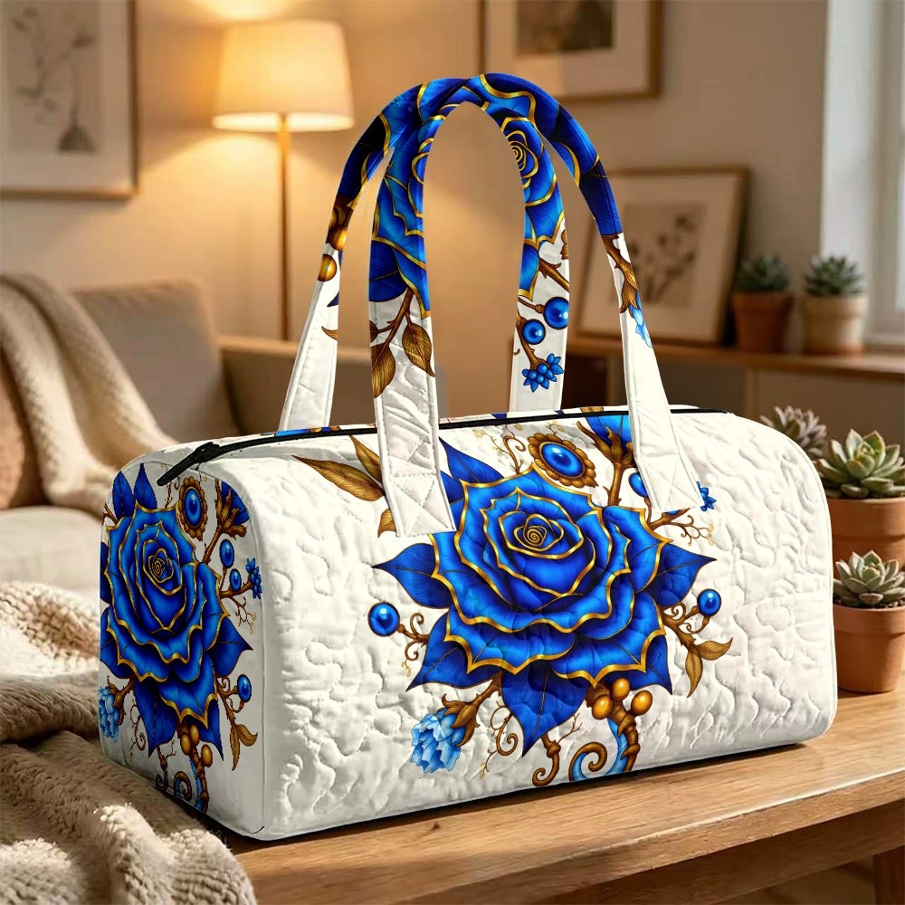 TEMU Women's Quilted Travel Tote Bag, Intricate Blue Rose With Golden Accents , Large Capacity Polyester Handbag, Multiple Specifications , Perfect