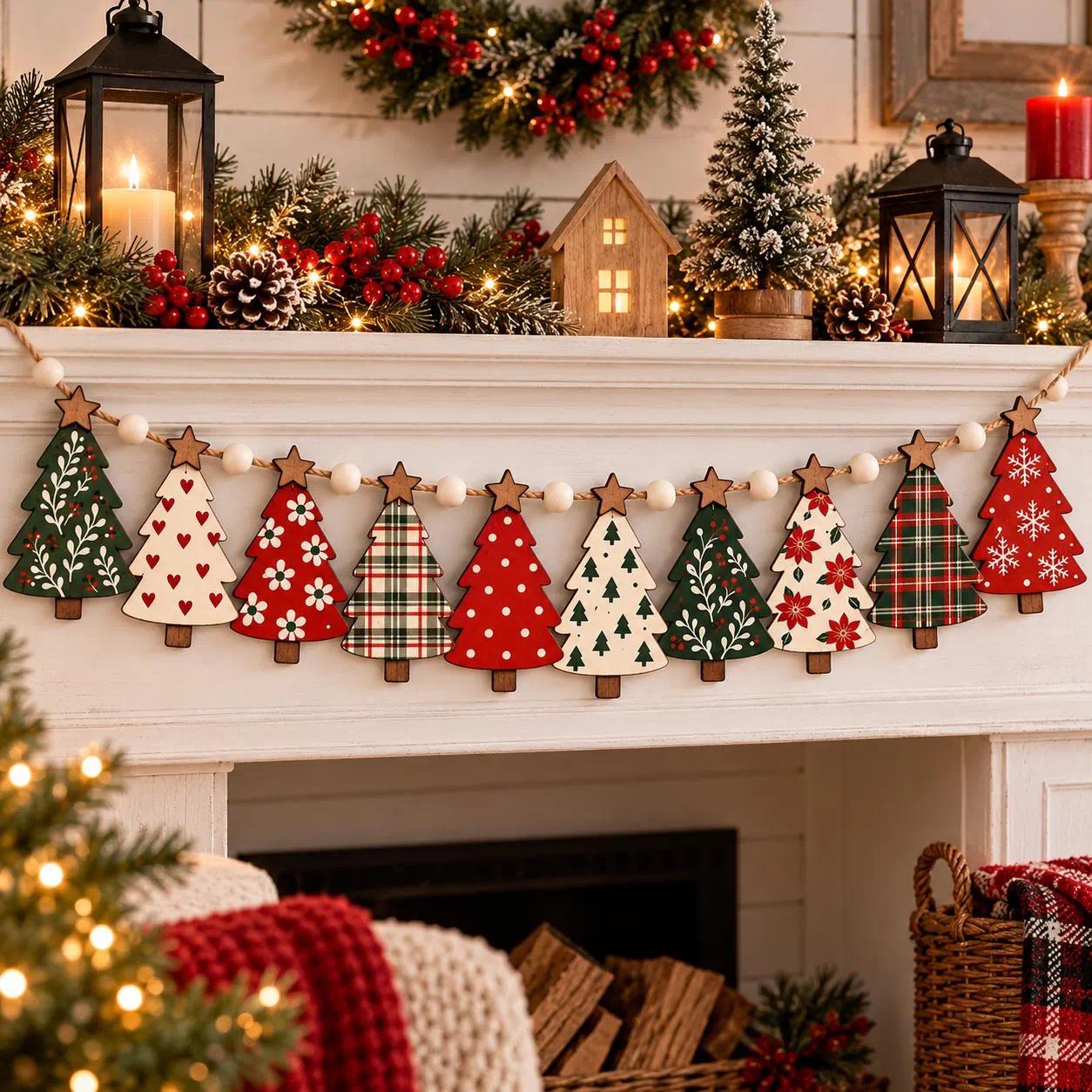 TEMU Wooden Christmas Tree Garland Vintage Christmas Hanging Banner Heart Floral Snowflake Polka Dot Pattern Wood Bead String Fireplace Mantel Wall