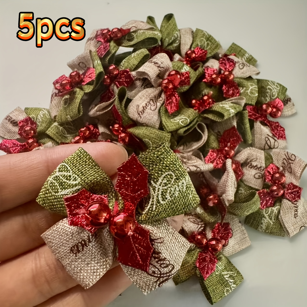 TEMU Set da 5/10 Mini Fiocchi Natalizi in Tessuto a , Combinazione di Colori e Verde, Piccoli Ornamenti Classici con Punte Dorate, Nastro Decorativo