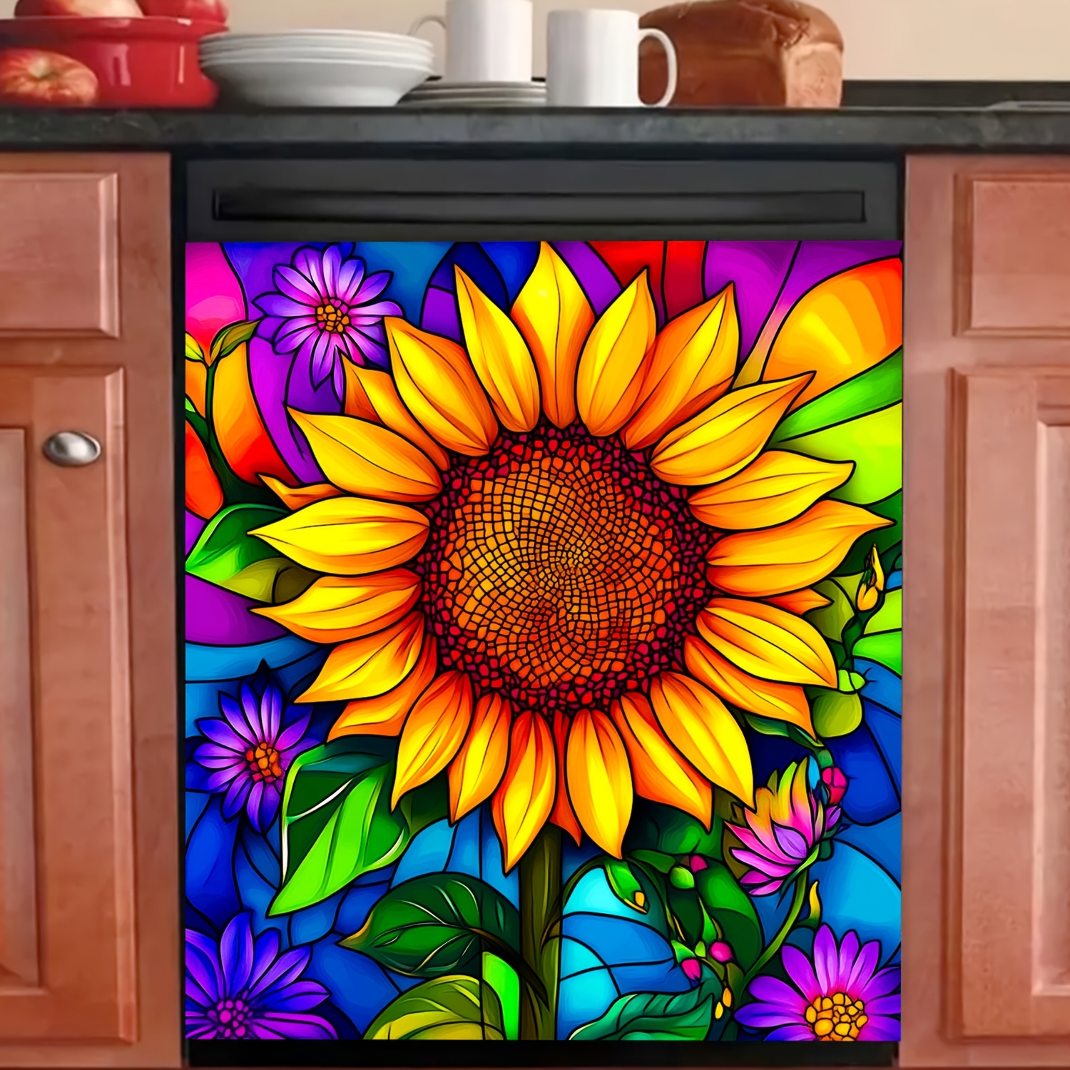 Dishwasher Cover Featuring A Sunflower Design, And Heat-resistant, Suitable As A Refrigerator Door Decal. Measures 23.03x25., Perfect For Kitchen Decor And As A Dishwasher Accessory With An Easy-to-