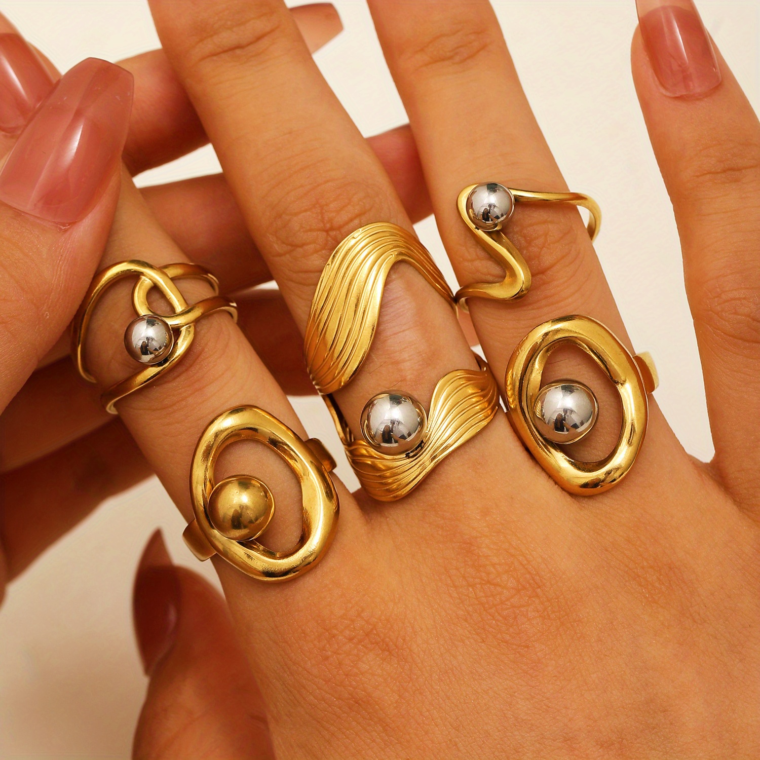 5pcs Exquisite Stainless Steel, Color- Steel Bead , Special-shaped Irregular Ring, Non-fading Everyday Versatile Gift