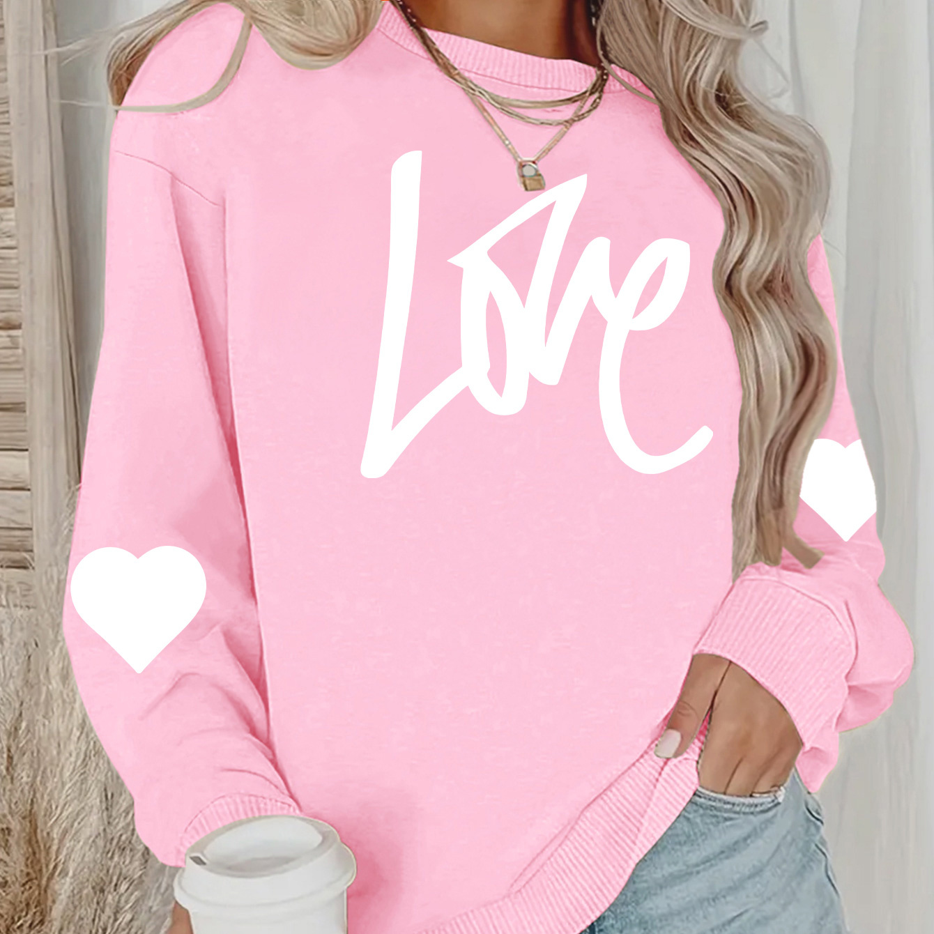 

Valentine's Day Theme & White Hearts Print Sweatshirt, Autumn And Neck Velvet Casual Sweatshirt, Women's Clothing