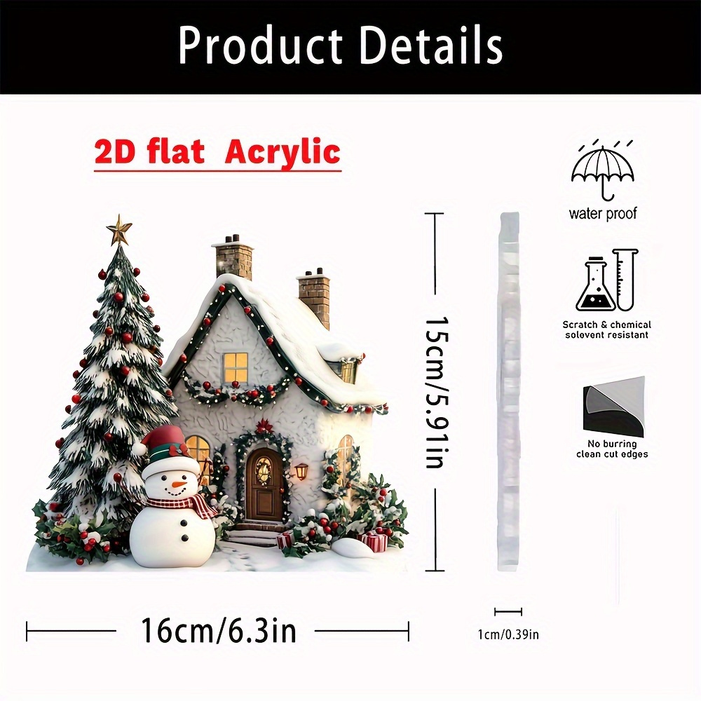 TEMU 2d Flat Bohemian Christmas Cottage Statue, 15 Cm X 16 Cm - Made Of Acrylic, Suitable For Room Types, Stylish Holiday Decoration, No Power Source