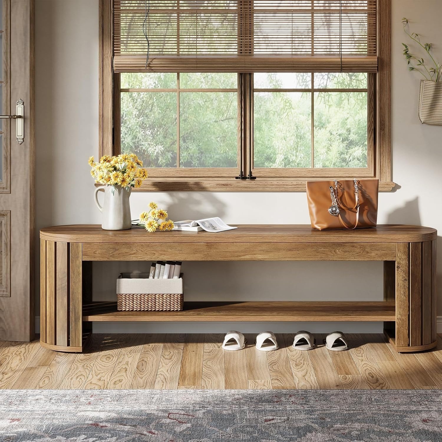 Image of 63'' Shoe Storage Bench, Wooden Narrow 2-tier Entryway Bench With Secure Rounded Edges, End Of Bed Bench With Adjustable Foot Pads For Entrance, Bedroom, Living Room