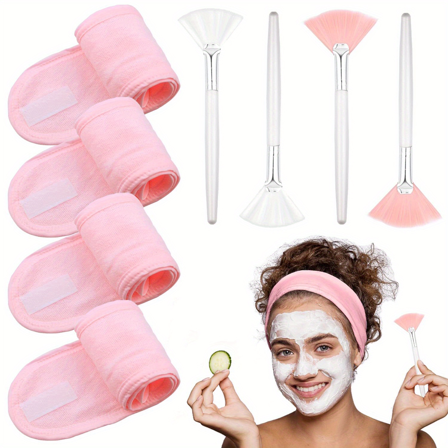 

8pcs Adjustable Towel Headbands For Washing Face With 4pcs Fan Brushes, Facial Mask Brush And Spa Facial Headbands For Women And Grils Skincare Headband For Facial Esthetician Supplies