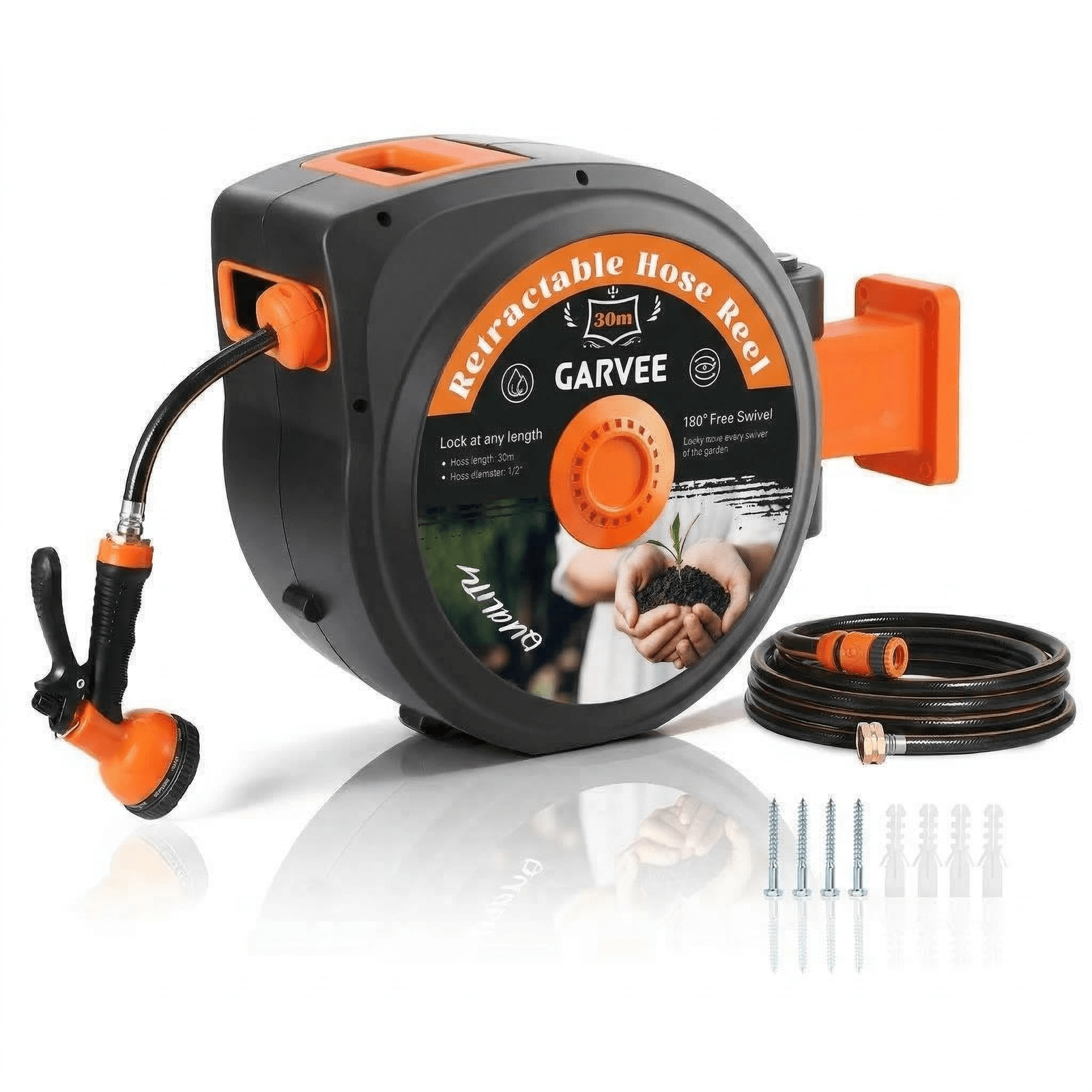 Automatic Garden Hose Reel 1/2" X 20m - 180° Rotating Wall Bracket, 10-function Spray Nozzle, 2m Inlet Hose, Adjustable Settings - Perfect For Watering
