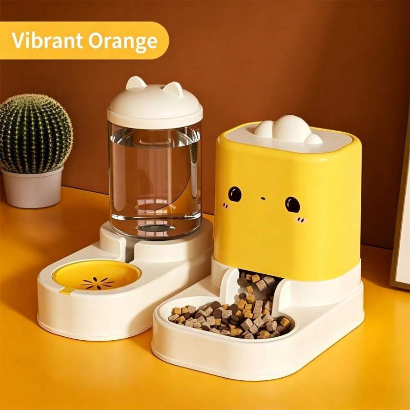 2-In-1 Automatic Pet Feeder And Dispenser Set, Food Feeder Bowl, Large Capacity Dog Food Station, Cute Cartoon Design for Kittens, Puppies, And Small Pets, Without Battery