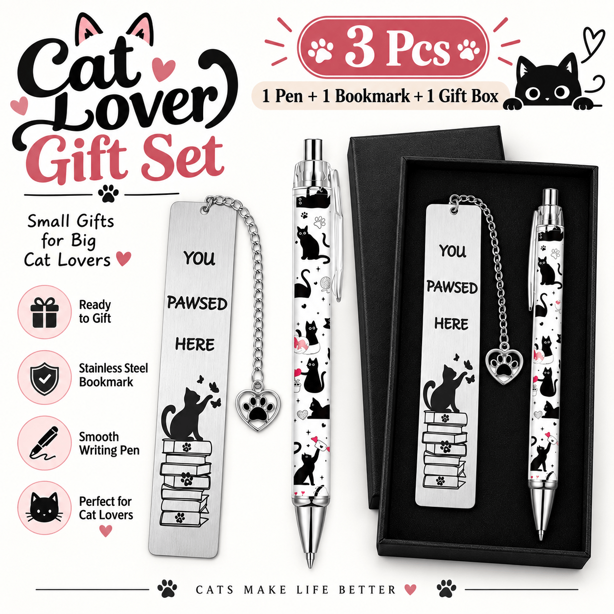TEMU Ensemble cadeau de 3 stylos à bille et marque-pages pour des chats, de Noël et d'Halloween avec stylo chat, avec pendentif de patte, stylo à