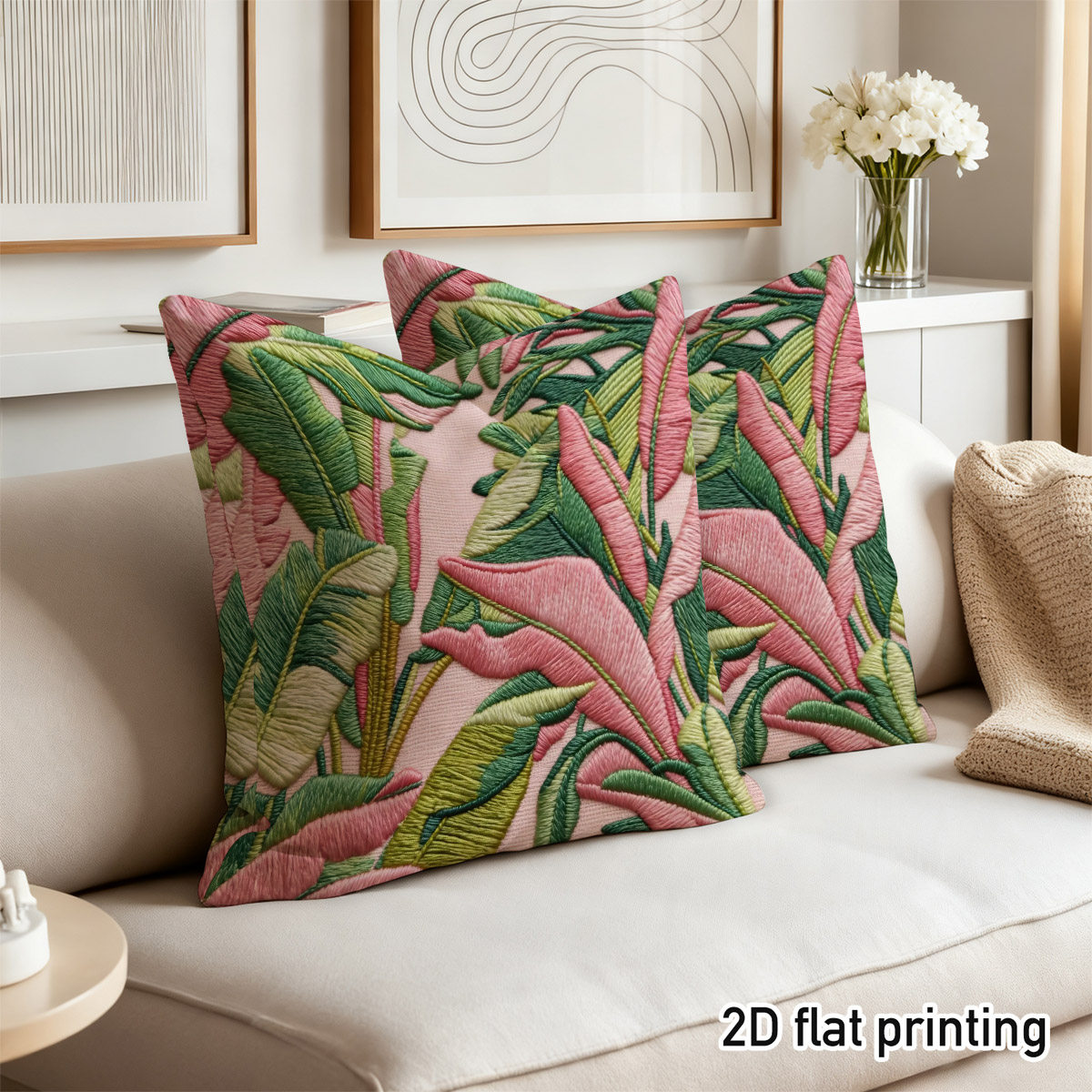TEMU Printed Deisgn Not Textured 2pcs Tropical Throw Pillow Covers, Duplex Prints With Vibrant Pink Green Leaves, Perfect For Modern Sofa, Cozy