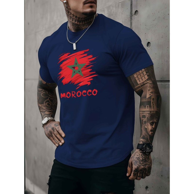 

1pc Morocco Graphic Men's T-shirt - Casual Round Neck Short Sleeve, Breathable Summer Top With Letter , Regular Fit Polyester Knit Tee