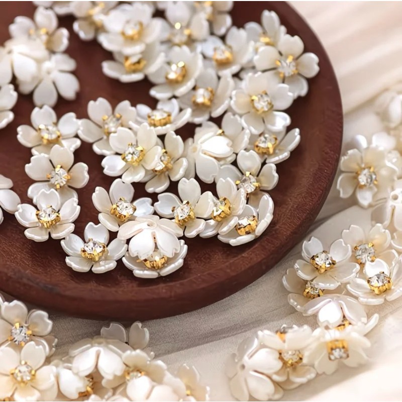 TEMU 2d Flat - 1.5cm/0.59in 30/60pcs White Acrylic Flower Beads, Gold-tone Rhinestone Inlaid Sakura Charms, Bulk Flatback Flowers For Crafts, Jewelry