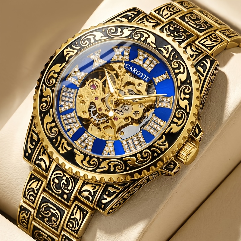 Image of 1pc Men's Mechanical Watch With Blue Dial Retro Roman , Hollow-out Dial Suitable For Business & Casual Wear, Vintage Watch For Everyday Use, Mechanical Movement Gift For Him