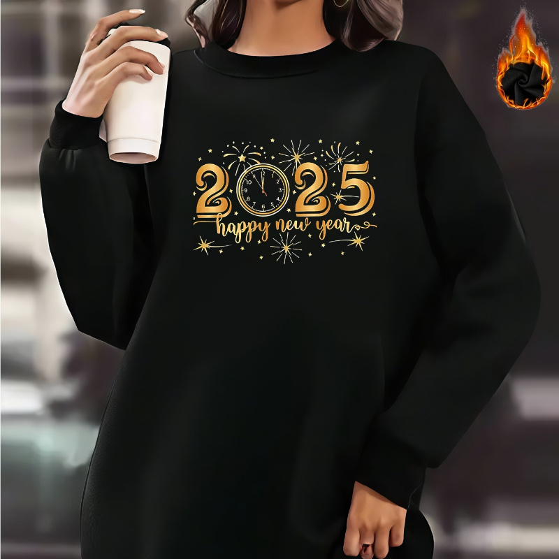 

Happy New Year 2025 Women's Casual Sweatshirt Dress - Long Sleeve, Crew Neck, Mid-length With Geometric Print, Polyester Knit Fabric, Machine Washable - All