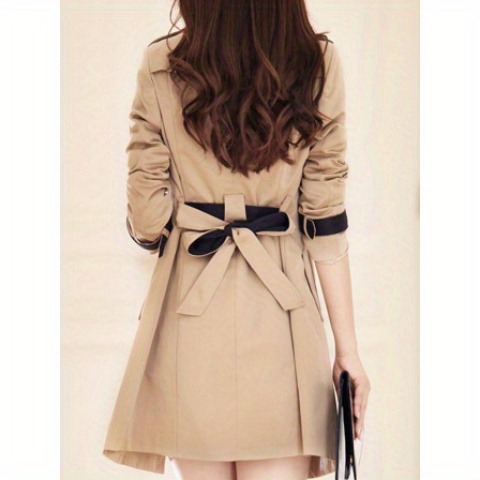 Abrigo de lona elegante para mujer, doble botonadura, color beige y azul marino, estructurado, no elástico, formal y casual, cintura ceñida, para oficina, fiestas, uso diario, diseño sofisticado, tejido duradero, chaqueta elegante, para amantes de la moda, ropa de oficina, material de alta calidad, mujeres conscientes de la moda.