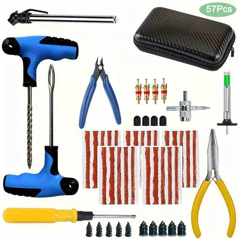 57pcs Heavy-duty Car& Motorcycle Tire Repair Kit- Emergency Puncture Fixing Set With Rubber Strips/nails, Valve Core Tool, Pliers& Screwdrivers For Small/large Leaks