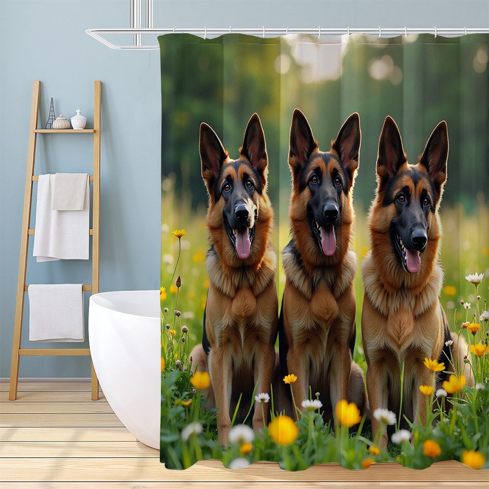 TEMU 1pc German Shepherd With Yellow Flower Pattern Printed Shower Curtain, Home Decor Bathroom Curtain, Bathtub Curtain, With 12 Hooks, Suitable For