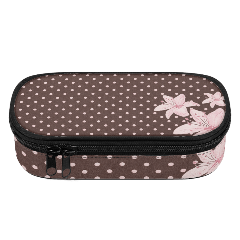 TEMU 1pc Polygonal Pencil Case With Pink Flower Polka Design, Large-capacity Printed Pencil Pouch With Zipper Closure And Compartment, Stylish Makeup