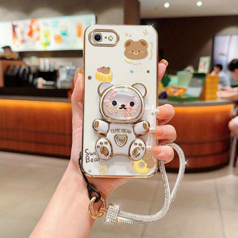 TEMU Phone Case: Diamond Wrist Strap Lanyard Cute Bear Phone Holder Case On For Iphone Se 2020 Iphonese Stand Back Cover