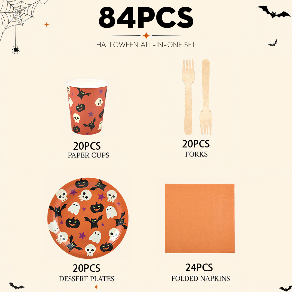 Image of 84pcs Halloween Disposable Party Tableware, Party Supplies And Decorations, , Pumpkin Black , Spooky Table Decor, Trick Or Treat Party, Haunted House Decorations, Costume Party, Fall Celebration