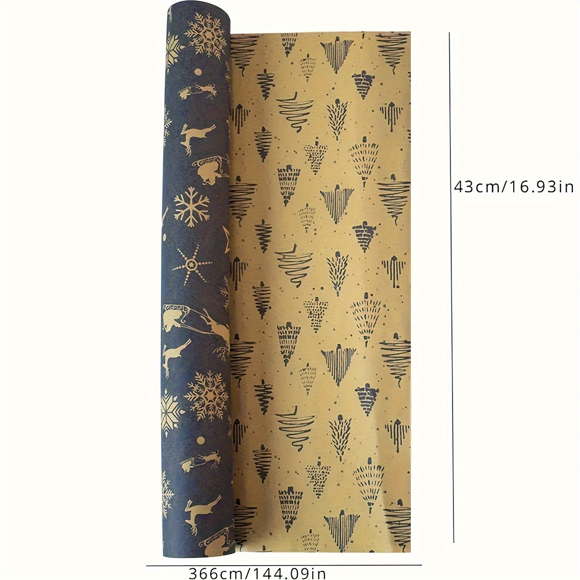 TEMU Christmas Reindeer & Kraft Gift Wrap - Double-sided, Large 16.93x144.09in Sheet For Presents And Birthday