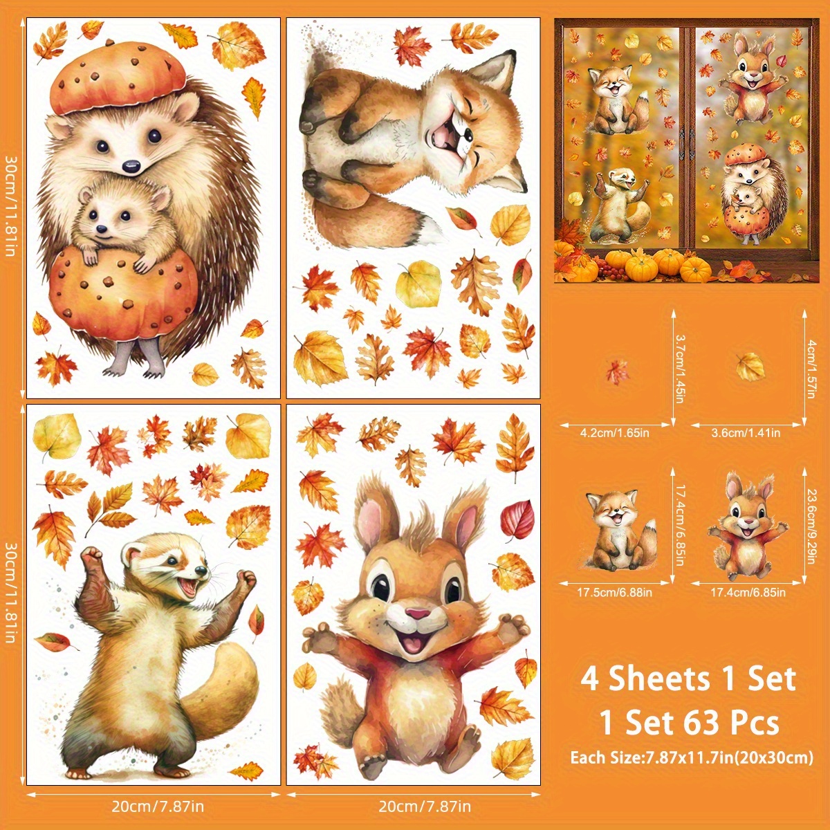 63pcs Window Decals Hedgehog Fox Squirrel Ferret Maple Leaf Glass Decals Electrostatic Stickers Window Display Glass Decoration Stickers