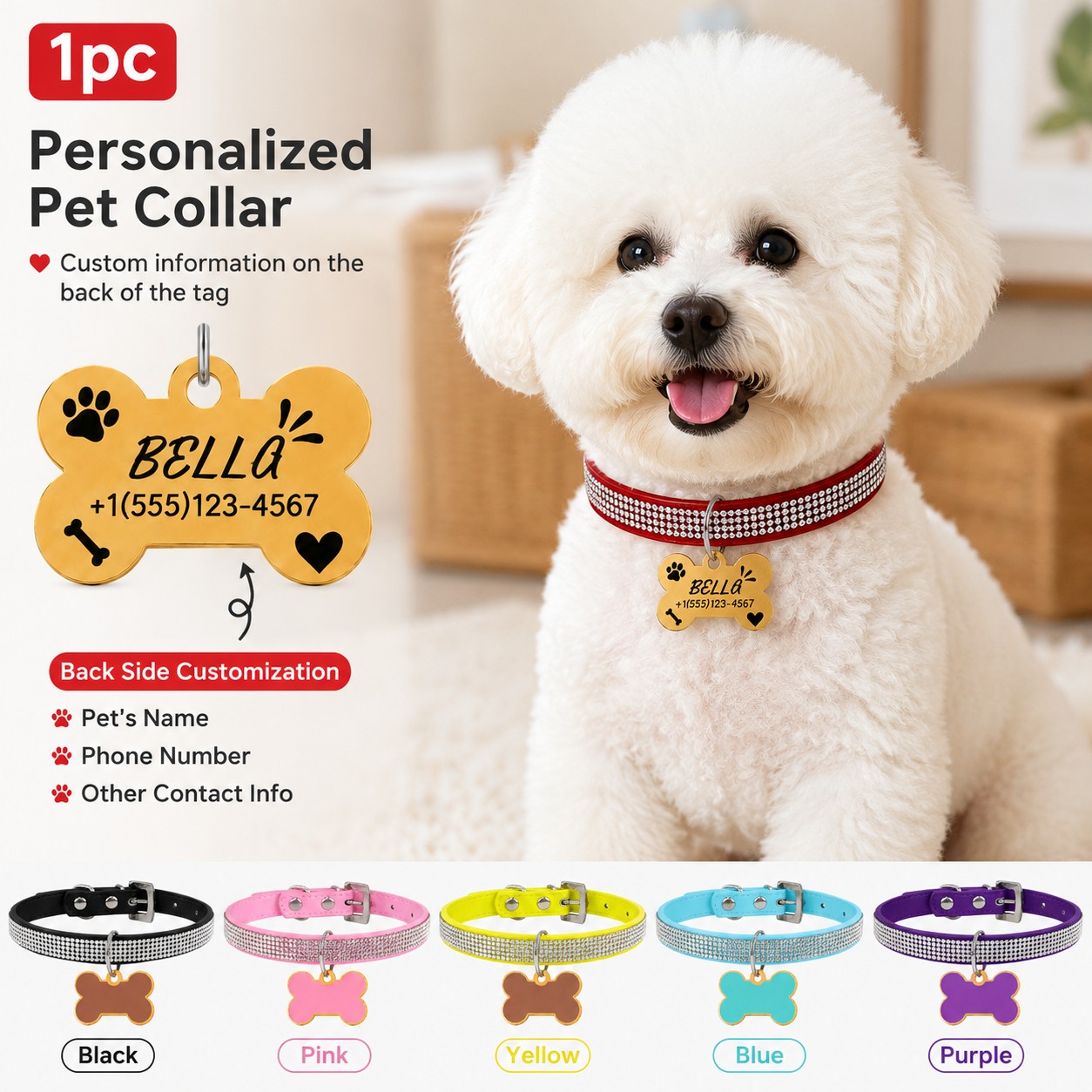 Diamond-Studded Pet Collar with Engravable Bone Dog Tag