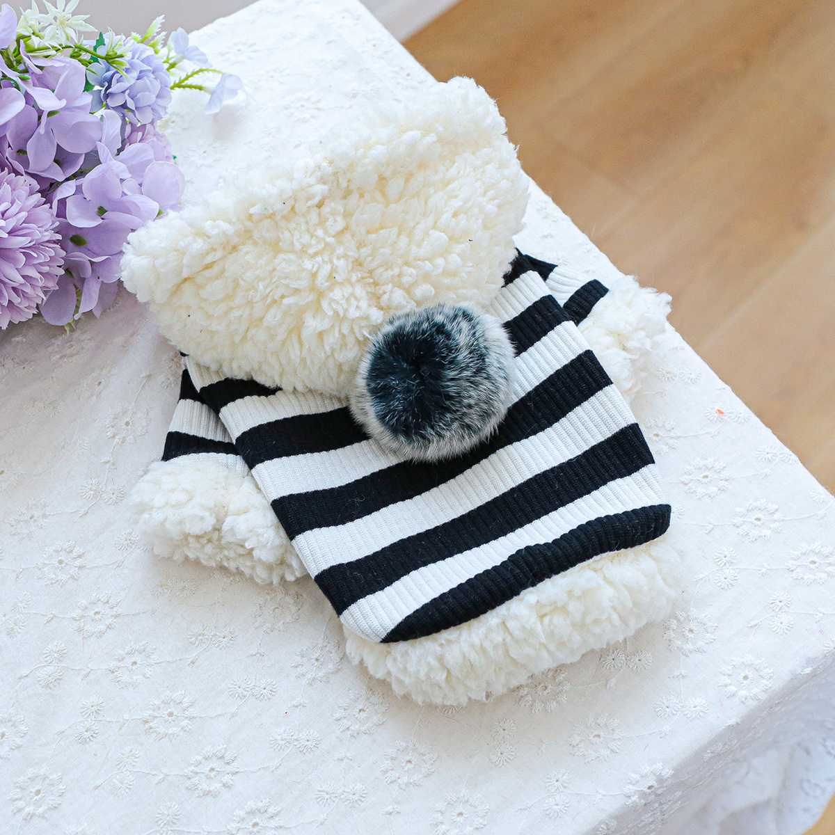 plushball hooded pet sweatshirt black and white striped lined dog clothes teddy chihuahua   winter warm pullover Product details 3