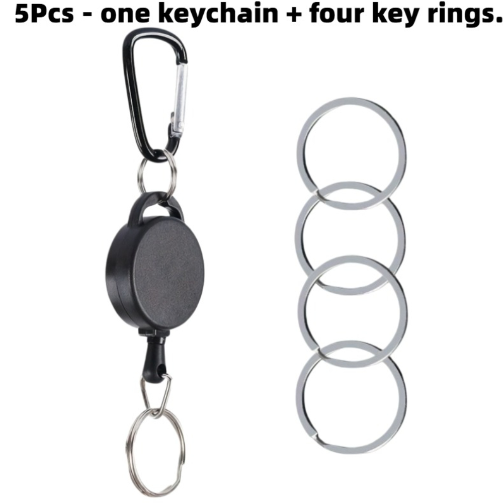 Image of 5pcs - 1 + 4 Key Rings, Anti-loss Anti-theft , Pvc Material Keychain, Matte Black - , Retractable, Portable
