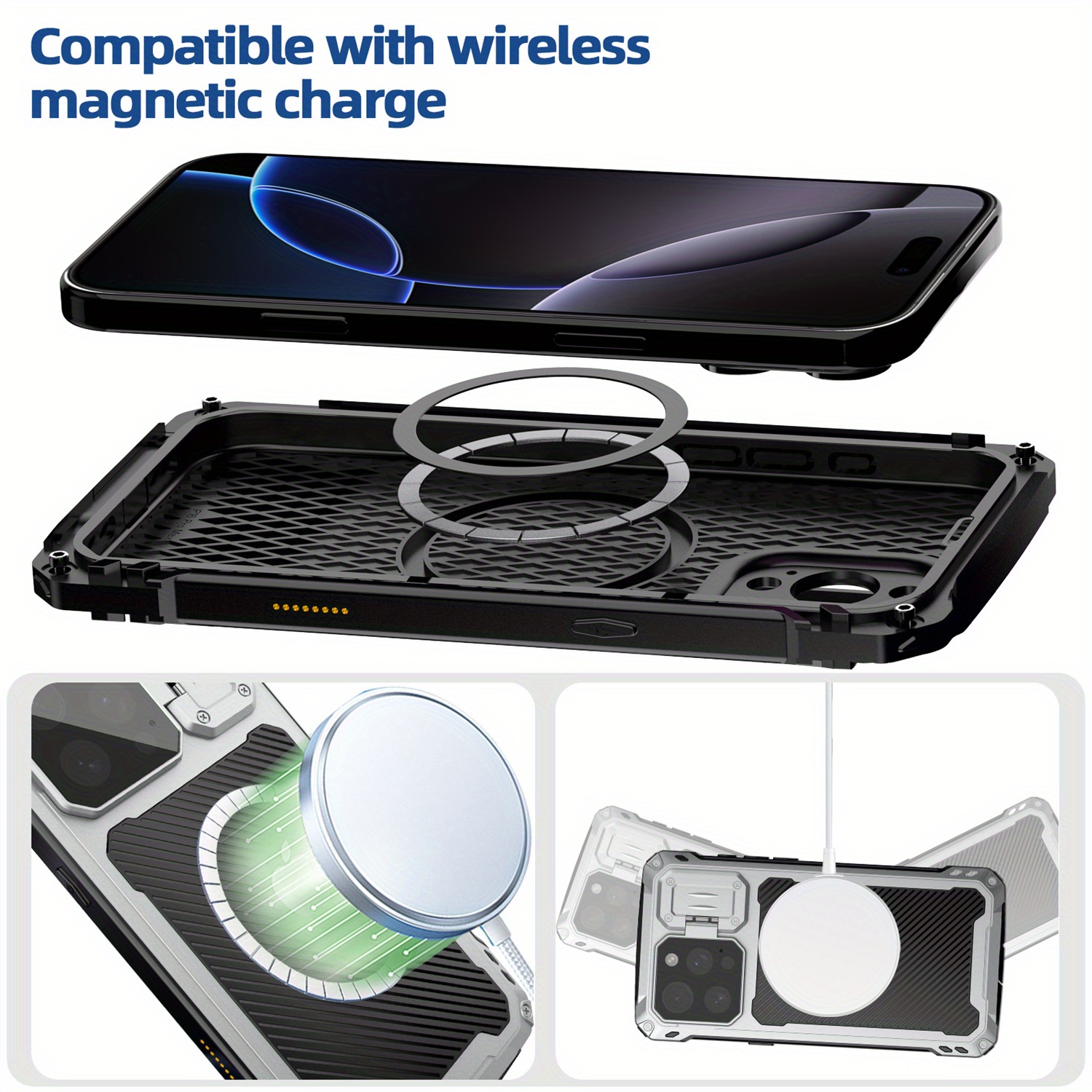 Phone case: for iPhone 16 15 14 Pro Max 16 Plus Metal Case with  Cover & Stand [Compatible with Magnetic] [Built-in Kickstand] Heavy Duty Rugged Magnetic Phone Case