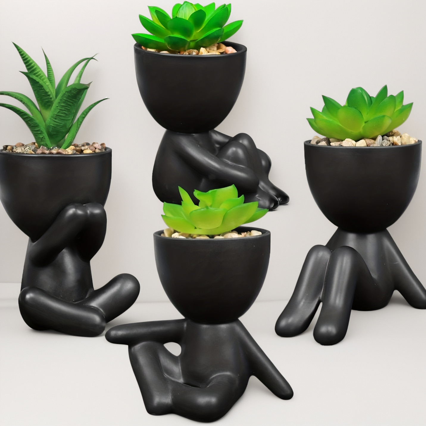 TEMU 4 Black Humanoid Flower Pots - Small Flower Pots Office And Home Decoration, Cute Indoor Table And Shelf Decor, Plastic Pot Statue Ornaments