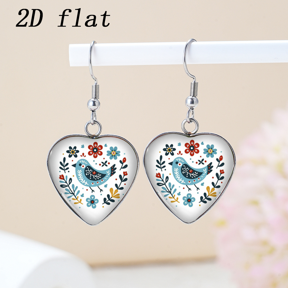 TEMU 2d Flat, 1 Pair Of Nordic Bird & Flower Print Pattern Time Gem -shaped Earrings, Fashion Earrings, Versatile For Daily And Party Wear 2d Flat,