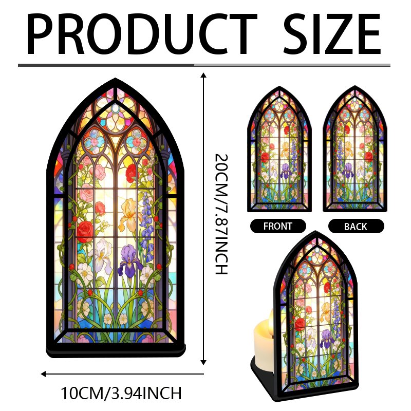 TEMU 2d Flat Single Acrylic Bookend Gothic Stained Glass - (candle Not Included) Floral Pattern, Suitable For Roses And Irises, Bookshelf Decoration,