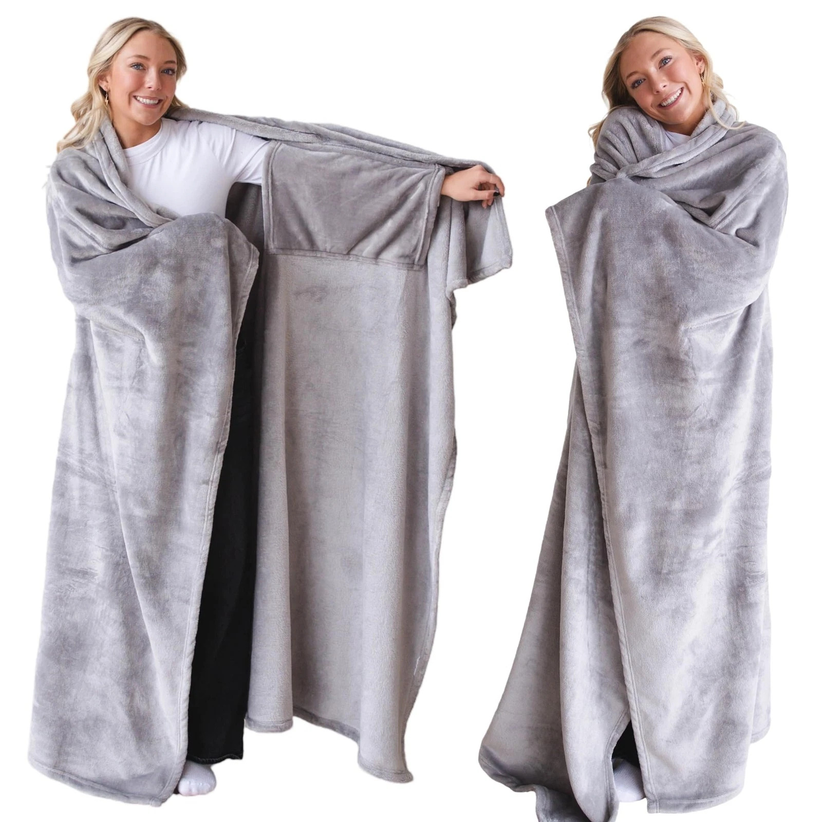 Wearable Blanket - Lightweight Warm Winter Bedspread Suitable For Christmas Gifts, Cozy Lined Double Pocket, Soft Flannel Multifunctional Couch Bed Travel Blanket For, Contemporary Grey