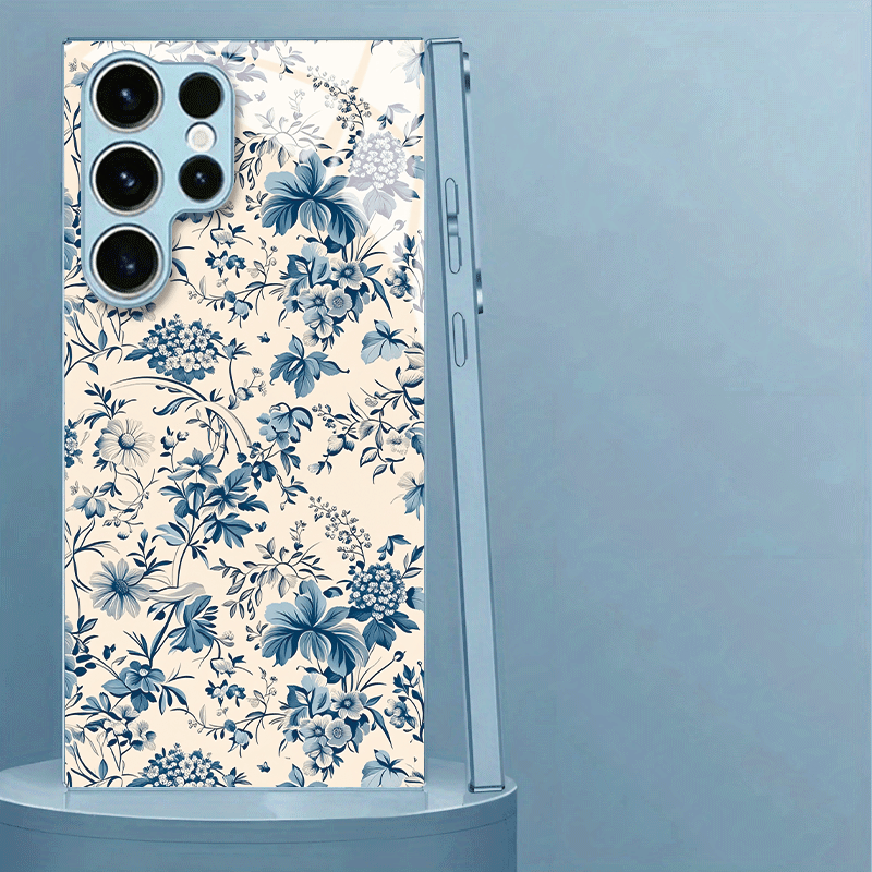 TEMU Phone Case: Blue Floral Porcelain Pattern, Versatile And Durable Blue Glass Phone Case, Suitable For Galaxy S21, S22, S23, S24, S25, Fe, Plus,