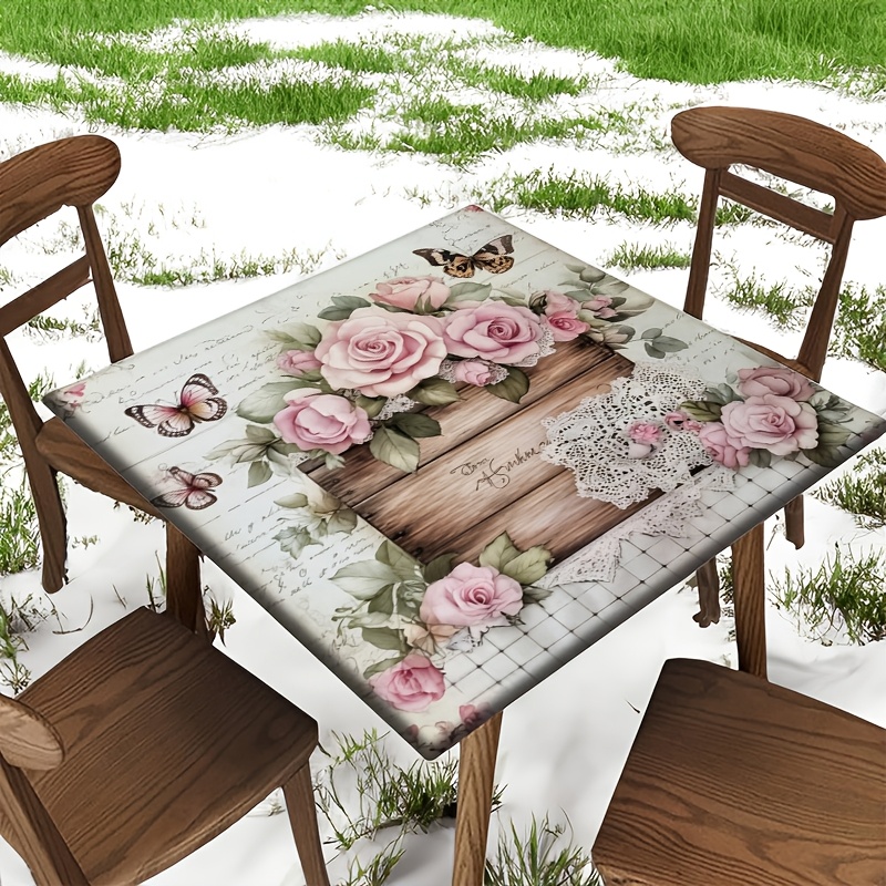 TEMU A Printed Elastic Square Table Cover, Square Tablecloth, With , Suitable For Picnics, Camping, Weddings - Basket Wipeable Tablecloth, Machine-