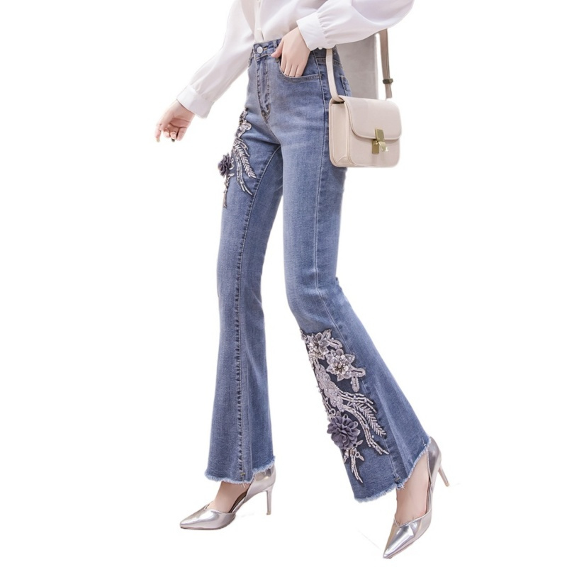 

Embroidered Floral Sequin Micro Flared Jeans, Retro Elegant And Fashionable Chinese Style, Slim Fit And Women's Pants, Suitable For All