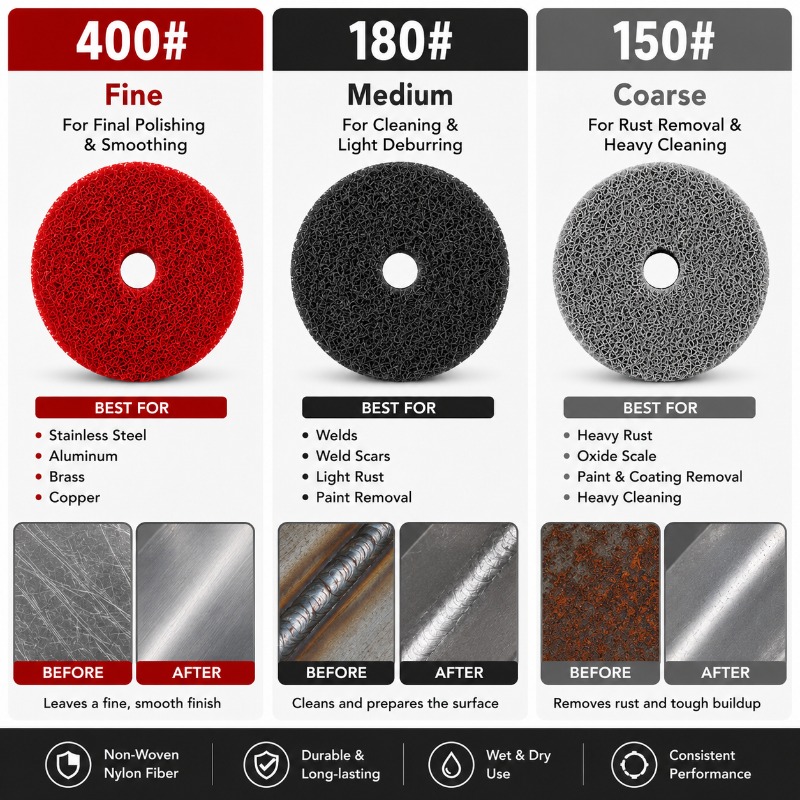 TEMU Jeu de 3 meules de ponçage et de polissage en fibre de nylon, 150#/180#/400#, pour l'élimination de la rouille sur le métal, l'ébavurage, le