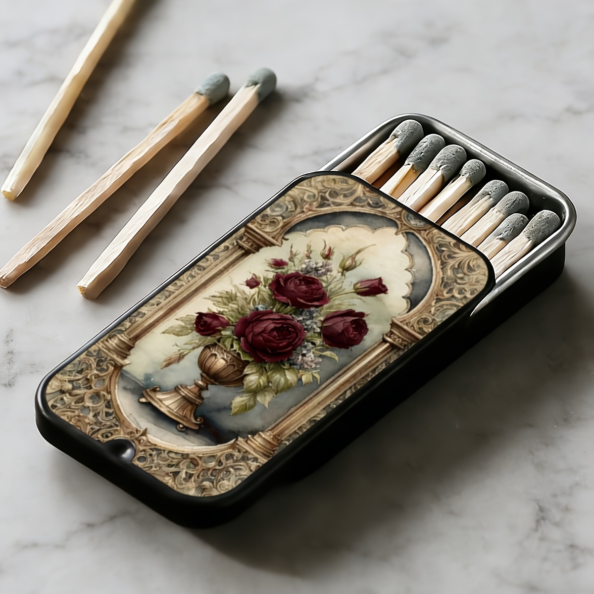 TEMU 1pc Floral Pattern Metal Matchbox Holds 20 Matches (matches Not Included), Portable Pocket Matchbox And Small Storage Container, With Match