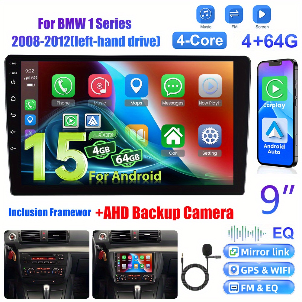 [4+64g] 15 Car Stereo For 1 Series 2008-2012 (left-hand Drive), 9 Inch 1280p Ips Touch Screen Radio Auto Car Radio Ai Dsp/ Fm/ Rds/ 32eq Gps Wifi Swc+mic, Ahd Backup Cam, Without Battery