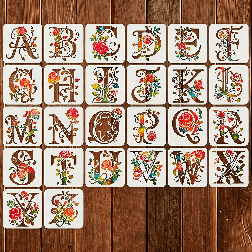 E-shop 26-teiliges DIY Blumen-Buchstaben-Schablonen-Set, 4,0-Zoll wiederverwendbare Rosen-Buchstaben-Malvorlagen, geeignet für Wandtattoos, Patches,