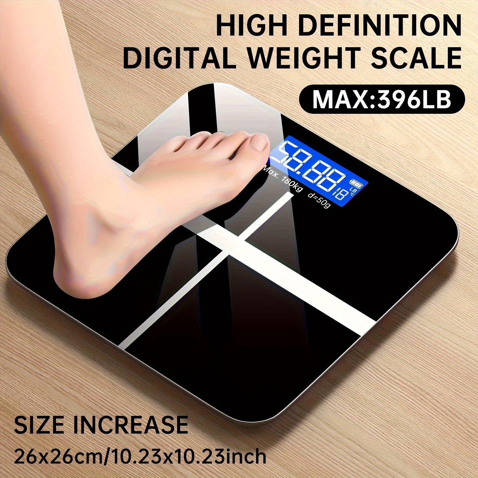 A Weighing Scale with a Capacity of 396 Pounds/ 180 Kilograms Equipped with an LED Backlit Display Screen and Tempered Glass, Designed Specifically for Personal Weighing. This Compact Scale Is Suitable for Home and Fitness Use, and Is an Ideal Choice