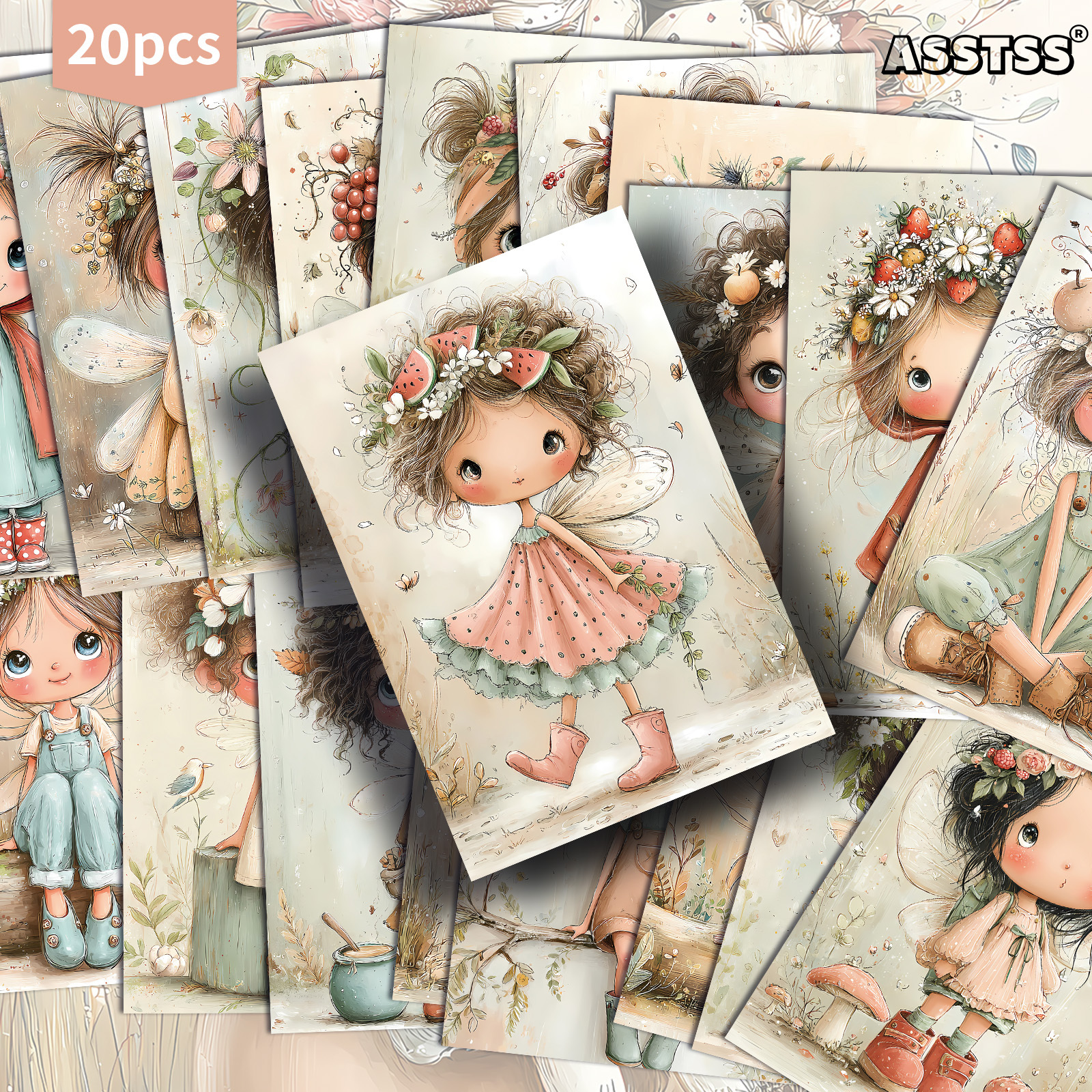 TEMU Lot de 20 cartes postales ASSTSS (/boîte) ASSTSS Fée Fille aux Fruits Vintage, adaptées pour le scrapbooking, les journaux de récupération, le