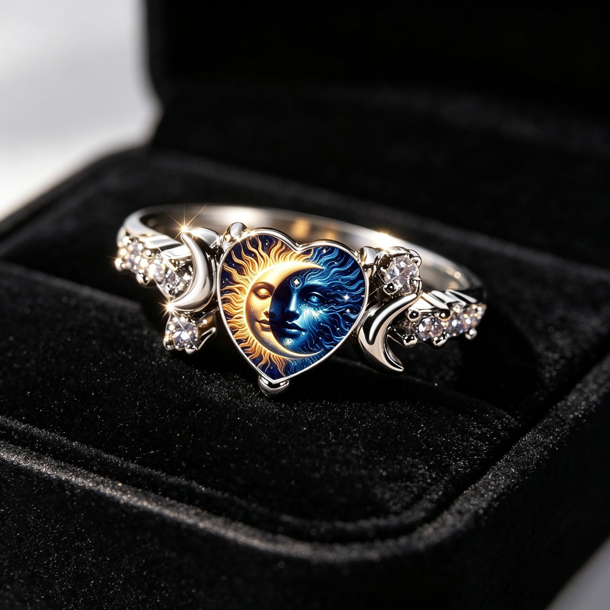 Rhinestone Silvery Plated Adjustable Open Moon Face Ring